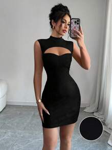 Elenzga 女士迷你立领镂空针织黑色紧身连衣裙 - 黑色 - 查看 1