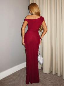 SHEIN BAE Women's Rhinestone Decor Slim Fit Long Dress, Slouch Shoulder Design,Valentine's Day,Valentine Outfits For Women - Burgundy - View 2