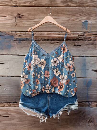 SHEIN VCAY 大码波西米亚风 V 领撞色蕾丝花卉印花吊带背心，优雅度假、约会、派对、时尚，夏季必备