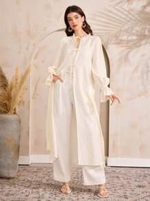 Al Najma Áo thun nữ tay dài thắt nơ phía trước đơn giản ren phong cách Ả Rập - Màu be - Xem 4