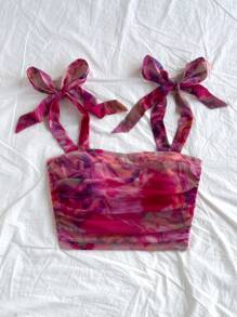 Soleia Top corto con tirantes y nudo delantero en estilo tie-dye, para vacaciones, citas, tardes de té, vacaciones, festivales de música, estilo bohemio - Multicolor - Ver 5