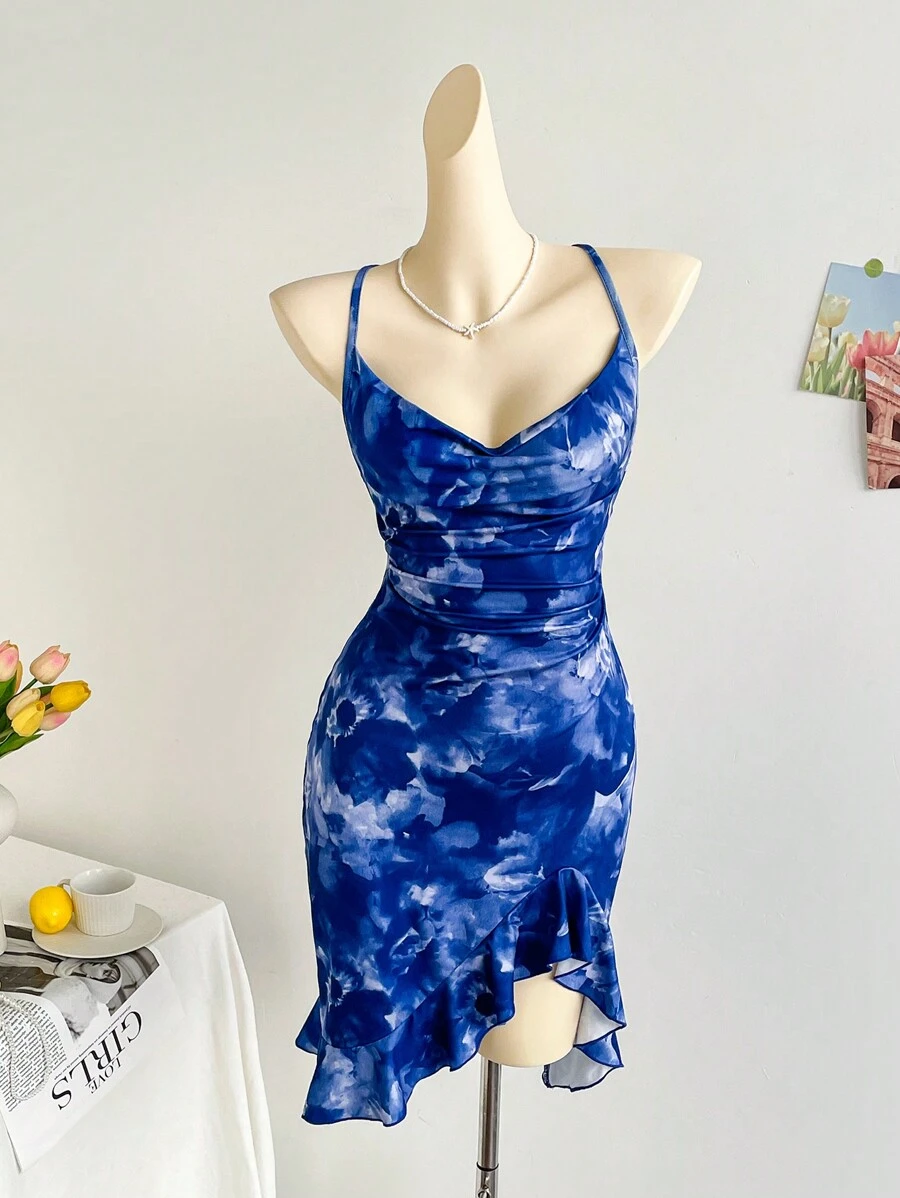 Soleia Women's Vacation Tie Dye Blue Floral Print Surplice Neck Backless Cross Tie Waist Ruched Asymmetric Hem Ruffle Hem Dress, Party, Date, Valentine's Day, City Street, Wear As Outerwear & Innerwear