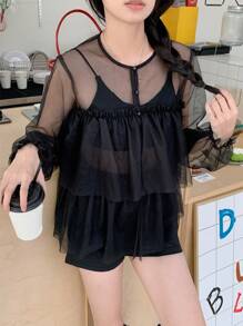 DAZY Women's Sweet Sheer Ruffle Trim A-Line Top