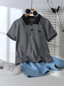 SHEIN 1 pieza Camisa polo deportiva informal para niño, diseño de bloques de color, adecuada para uso diario, escuela, salidas, actividades al aire libre, escapadas de primavera/verano, vacaciones, viajes, relajación, tomar el sol - Gris - Ver 4