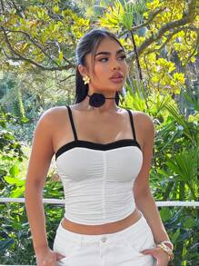 SHEIN SXY Black & White Contrast Ruffle Pleated 3D Floral Camisole Top - White - View 1