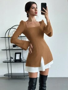 SHEIN Privé 优雅女士时尚复古风格拼色方领开衩长袖 A 字迷你连衣裙，秋季 - 卡其色 - 查看 3