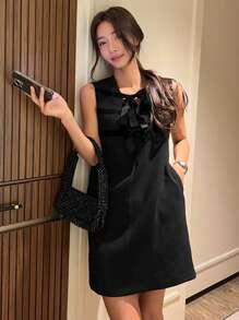 DAZY 女士圆领丝绒撞色直筒迷你连衣裙，春夏派对女士礼服舞会礼服女仆装吊带裙，休闲女士连衣裙优雅女士连衣裙 - 黑色 - 查看 5