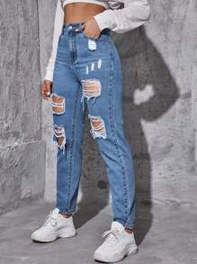 SHEIN EZwear 女士前扣口袋做旧简约休闲牛仔裤，日常休闲 - 中等水洗藍 - 查看 3
