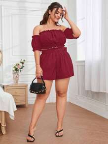 SHEIN VCAY Plus Size Off Shoulder Solid Top And Shorts Casual 2 Pieces Set - Burgundy - View 4