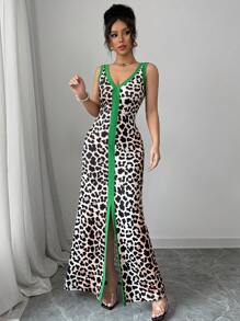 Elenzga 女式豹纹前开衩性感无袖 V 领低胸紧身对称领连衣裙 - 彩色 - 查看 4