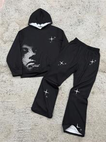 SHEIN 2 件套青少年男孩宽松休闲运动图案连帽衫和运动裤套装
