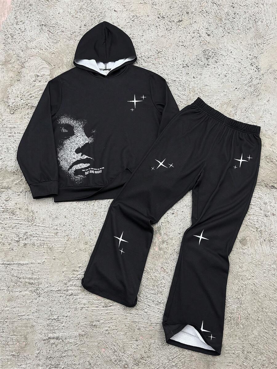 SHEIN 2 件套青少年男孩宽松休闲运动图案连帽衫和运动裤套装