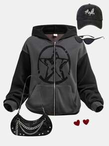 SHEIN Tween Girls' Loose Casual Sports Contrasting Pattern Hooded Zip-Up Sweatshirt - Multicolor - View 1