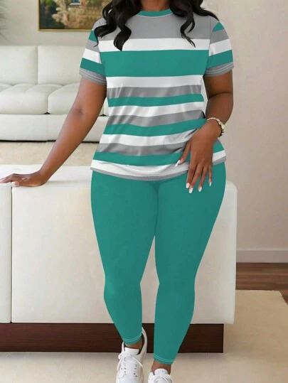 Maweii 2pcs/Set Plus Size Women's Summer Casual Striped Print Short Sleeve T-Shirt And Skinny Pants Set Women 2 Pieces Setswomen 2 Pieces Set2 Pieces Set Plus2 Pieces Sets Ladies2 Pieces Set Women