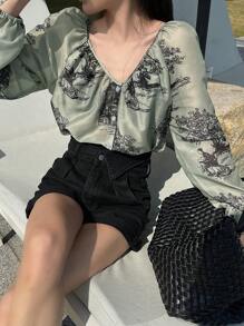 DAZY Women's Floral Print Loose V-Neck Long Sleeve Casual Vacation Shirt, Summer