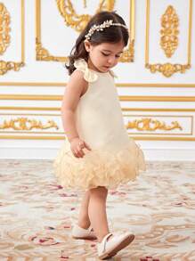 SHEIN Baby Girl Elegant Round Neck Bowknot Shoulder Decor Ruffle Hem Dress - Champagne - View 5