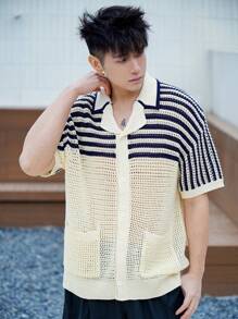DAZY Asymmetrical Striped Hollow Out Lightweight Cardigan Sweater For Men, Summer - Apricot - View 5