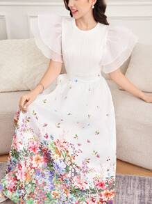 SHEIN 2pcs/Set Elegant Knit Jacquard Splice Mesh Ruffle Sleeve Casual T-Shirt And Woven Printed Skirt, For Teen Girls Spring/Summer, Festival, Party - White - View 3