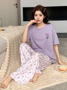 DAZY 2 piezas Conjunto de pijama de mujer con estampado, cómodo y holgado de manga corta
