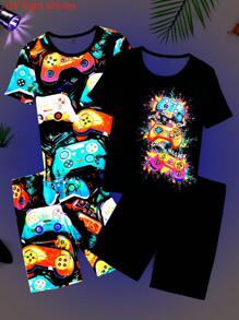 4pcs/Set Boys' Vivid Cartoon Game Pattern Comfortable Short Sleeve Shorts Tight Fit Pajama Set - Multicolor - View 3
