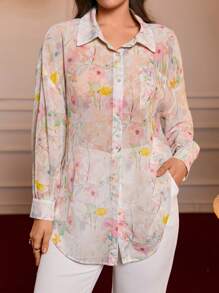 SHEIN VCAY 大码波西米亚风彩色花卉印花度假衬衫 - 彩色 - 查看 5