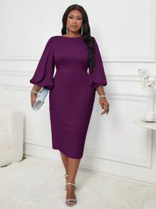 SHEIN Lady Plus Size Solid Color Round Neck Elegant Long Sleeve Dress - Purple - View 6