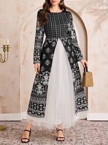 Al Najma 女士花卉印花长袖优雅阿拉伯风格连衣裙