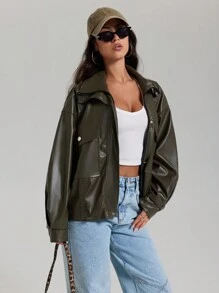 EURMUSE PU Leather Stylish Hidden-Fly Detailed Women's Jacket - Khaki - View 4