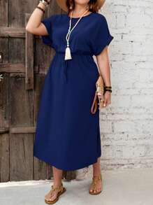 EMERY ROSE Plus Size Solid Color Tied Waist Split Hem Casual Summer Vacation Dress - Blue - View 1