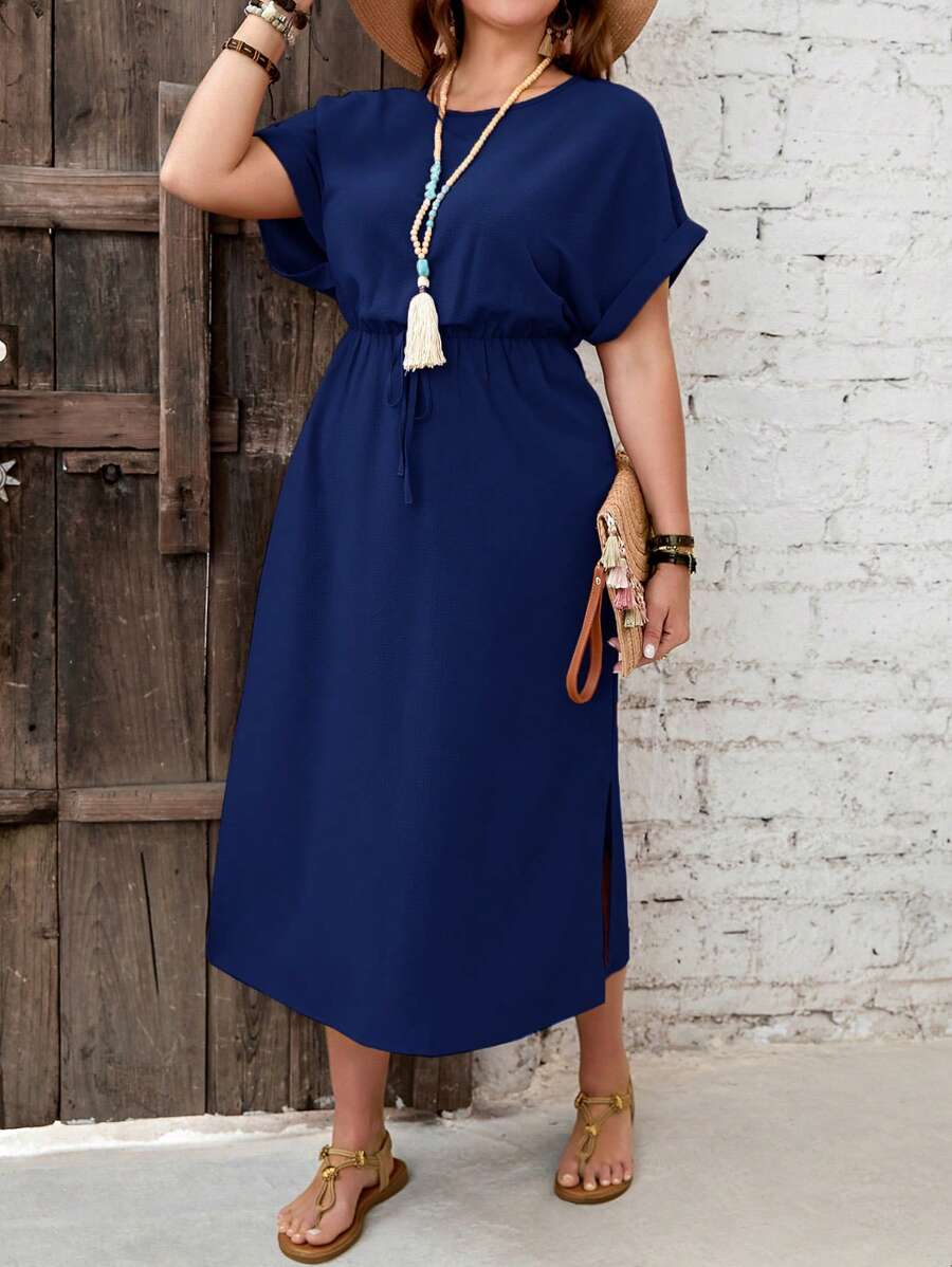 EMERY ROSE Plus Size Solid Color Tied Waist Split Hem Casual Summer Vacation Dress - Blue - View 1