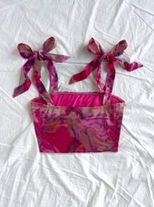 Soleia Top corto con tirantes y nudo delantero en estilo tie-dye, para vacaciones, citas, tardes de té, vacaciones, festivales de música, estilo bohemio - Multicolor - Ver 2