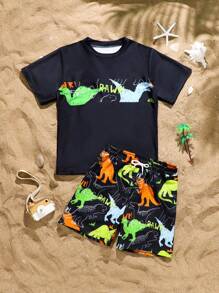 2pcs/Set Boys Digital Print Dinosaur Patterned Swimsuit Top And Trunks - Multicolor - View 3