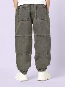 SUMWON 优质宽松牛仔裤，松紧腰带，拼接设计青少年男孩街头潮流裤，舒适休闲日常穿着，青春时尚 - 黑色 - 查看 4