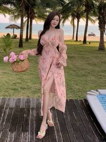 DAZY Vacation Style Beach Ditsy Floral Ruffle Trim Off Shoulder Midi Dress For Women,Summer