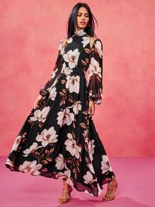 Oxana Vestito lungo elegante con maniche a lanterna, collo a lupetto, stampa floreale bohémien nera in chiffon, adatto per vacanze, primavera, matrimoni, festival, concerti, Ibiza e balli - Multicolore - Visualizzare 5
