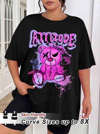 SHEIN CURVE+ Damen Große Größen T-Shirt mit Teddybär und Buchstabengrafik, rundhalsausschnitt, kurzarm, locker geschnitten, Sommer