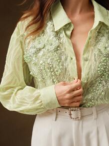 Anewsta Blusa transparente de manga larga, estilo casual, con bordados y cuentas florales, en estilo retro francés, como un conjunto de Año Nuevo