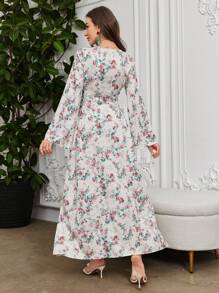 Al Najma Váy dài tay ren in họa tiết hoa toàn thân theo phong cách Ả Rập, váy kaftan maxi chữ A thanh lịch giản dị Jalabiya Ả Rập, dành cho tiệc tối/khách dự tiệc cưới/kỷ niệm - Đỏ - Xem 3