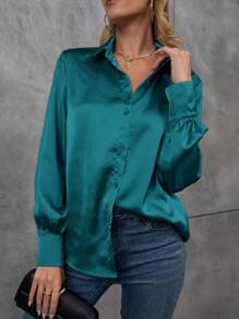 SHEIN Clasi Long Sleeve Solid Color Satin Shirt For Holiday Party Clothes - Blue - View 4