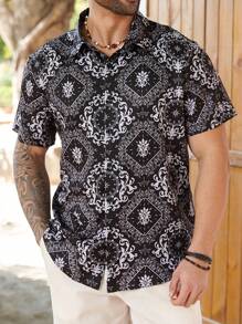 Manfinity RSRT Plus Size Men's Floral Print Short Sleeve Casual Shirt - Black - View 4