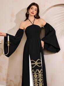 Al Najma 女士几何印花吊带连衣裙 - 黑色 - 查看 2