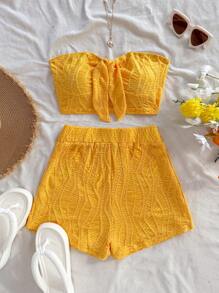 Soleia Bộ 2 món áo crop top buộc dây và quần short cạp cao đi nghỉ, vải có họa tiết, thích hợp cho kỳ nghỉ, lễ hội âm nhạc, phong cách Bohemian, ngày lễ, trà chiều ngày lễ tình nhân - Màu vàng - Xem 5