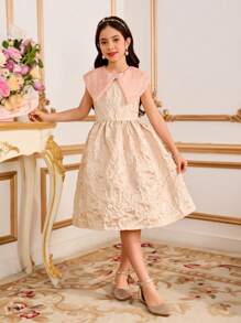 Tween Girls Elegant Champagne Summer Wedding Dress,Sweet Ruffled Trim Plaid Patchwork Color Block Fashion,Comfortable Soft Fabric For Party School - Black and White - View 3
