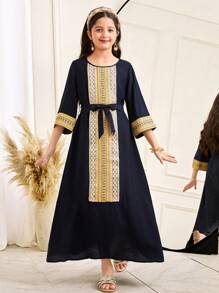 SHEIN Tween Girls' Loose Pattern Drawstring Decor 3/4 Sleeve Casual A-Line Dress