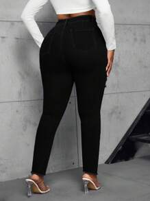 SHEIN SXY Plus Size High Waisted Stretchy Denim Skinny Jeans With Raw Hem Panels