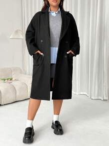 SHEIN EZwear Áo len dệt kim dài tay màu trơn cỡ lớn cho nữ, mặc mùa đông - màu đen - Xem 2