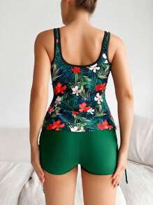 SHEIN Swim Summer Beach Tropical Print Drawstring Side Tankini - Green - View 1
