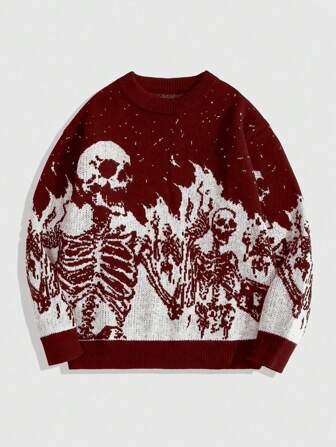 Grunge Punk Men's Jacquard Round Neck Long Sleeve Casual Sweater, Street Style