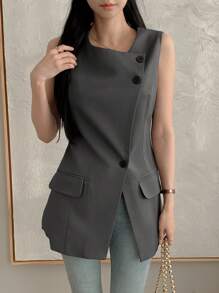DAZY 女士无袖纽扣简约修身马甲外套，休闲日常穿着女士西装外套商务装 - 灰色 - 查看 3