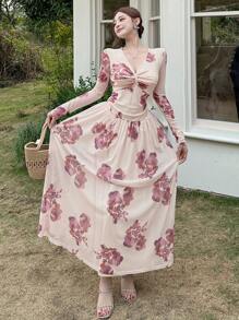 DAZY Women's V-Neck Floral Print Long Dress, Pink, Spring/Fall Long Sleeve Dress Boho Vacation Outfits Women - Pink - View 4